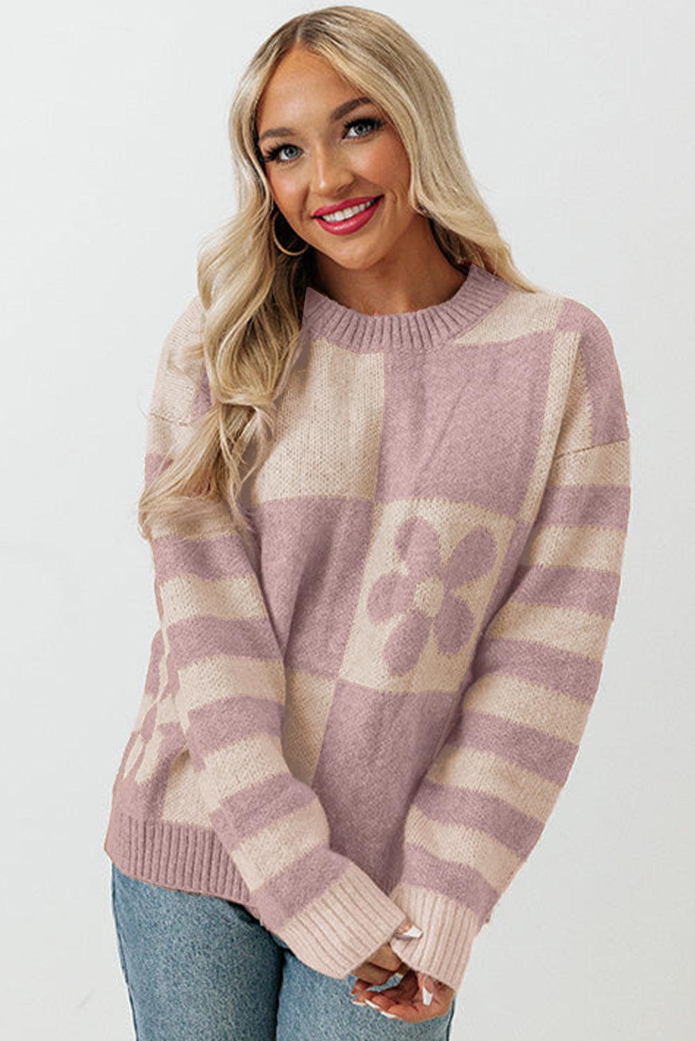 Brown Checkered Floral Print Striped Sleeve Sweater - L & M Kee, LLC