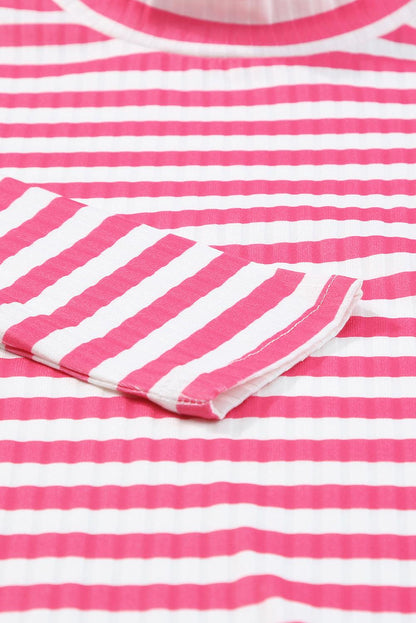 Strawberry Pink Striped Print Textured Knit Long Sleeve Tee - L & M Kee, LLC