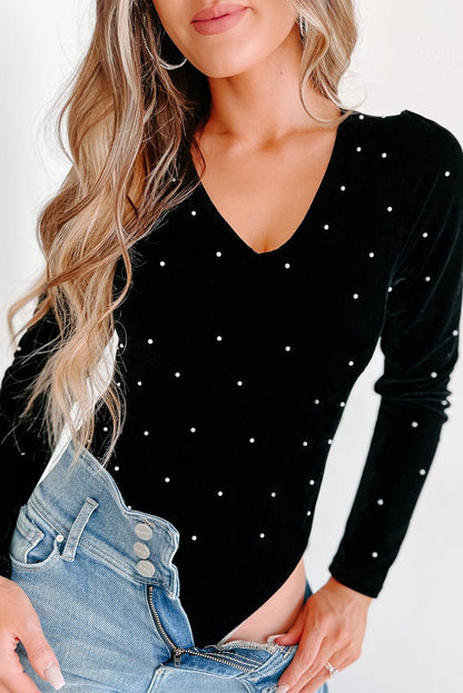 Black Velvet Beaded Long Sleeve V Neck Bodysuit - L & M Kee, LLC