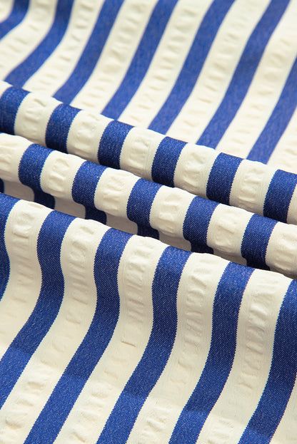 Blue Stripe Collared Half Button Side Pockets Loose Fit Mini Dress