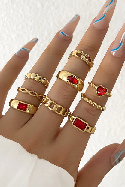 Fiery Red Faux Gem Inlay Heart Shape Alloy Ring Set