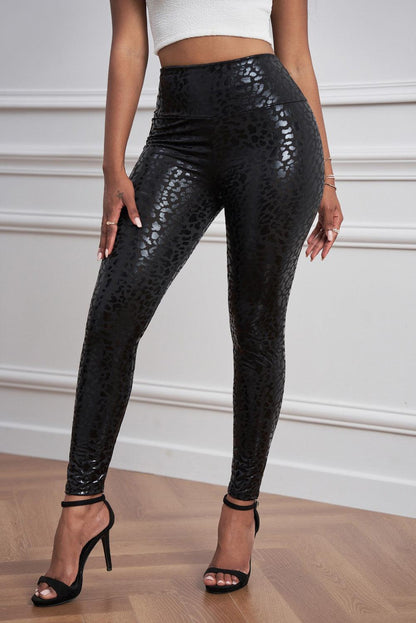 Black Shiny Leopard Textured Leggings - L & M Kee, LLC