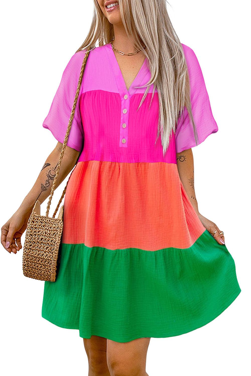 Multicolor Color Block Tiered Puff Sleeve Dress - L & M Kee, LLC