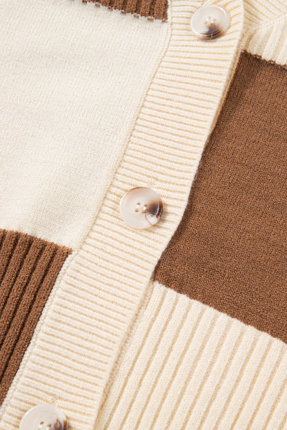 Khaki Checkered Ribbed Texture Knit Plus Size Cardigan Sweater