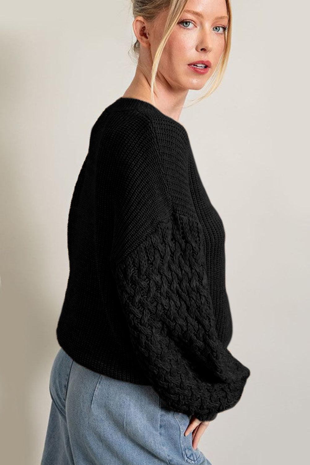 Black Cable Knit Sleeve Drop Shoulder Sweater - L & M Kee, LLC