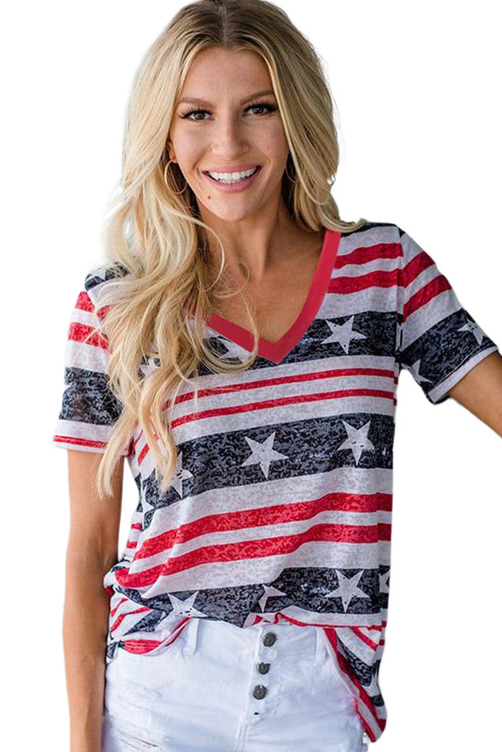 Star and Stripe Print V-Neck Casual T-Shirt - L & M Kee, LLC