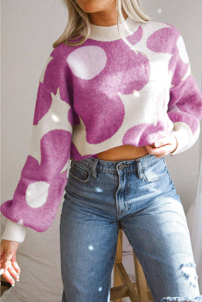 Bright Pink Big Flower Pattern Drop Shoulder Sweater - L & M Kee, LLC