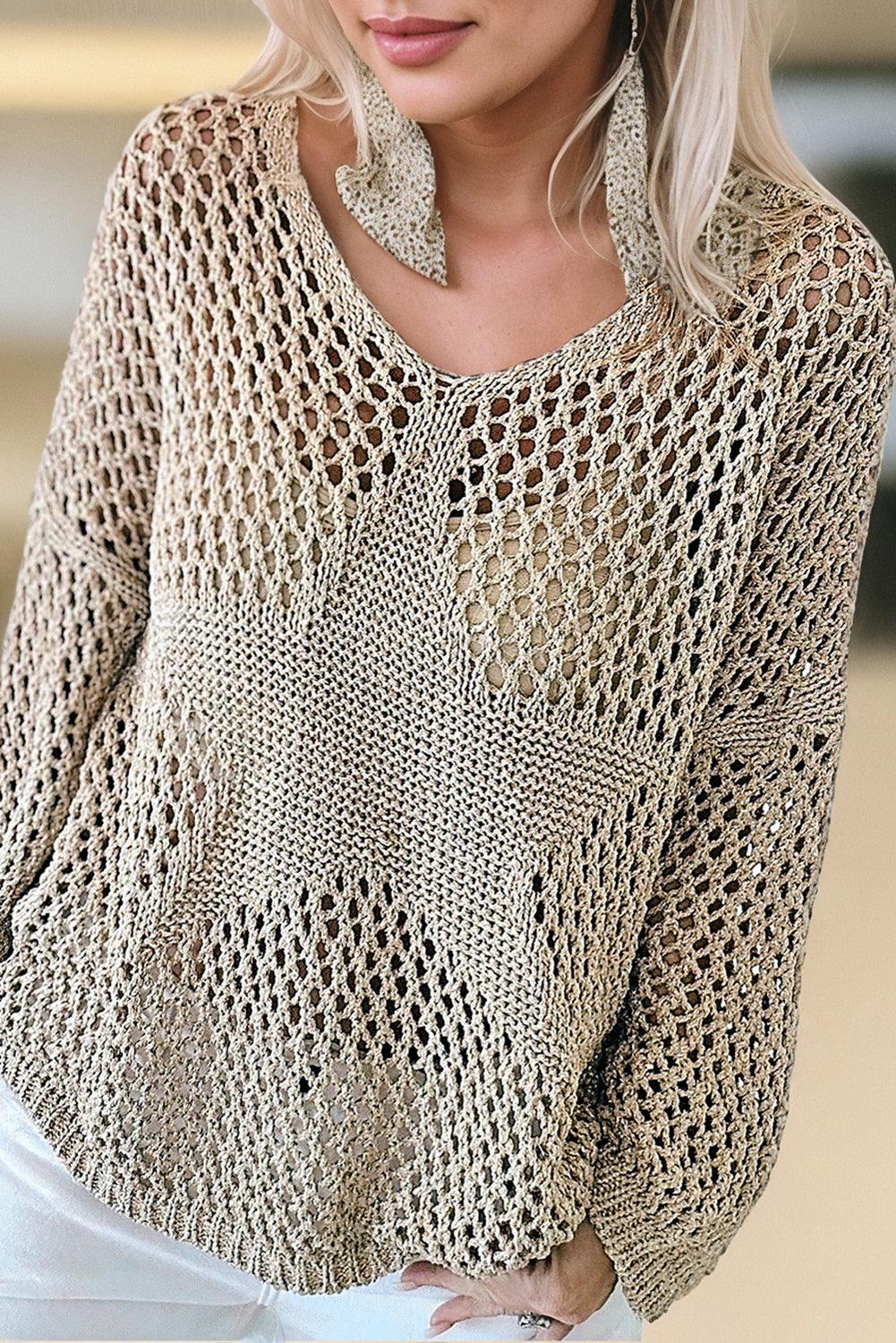 Light French Beige Star Pointelle Knit Baggy Sweater - L & M Kee, LLC