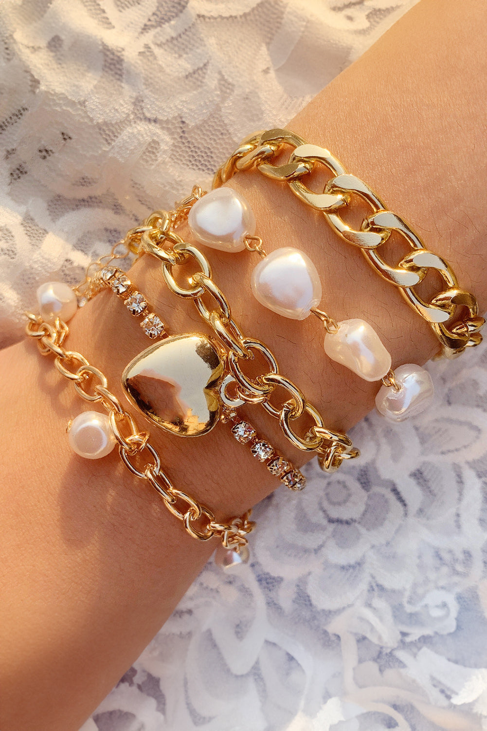 Gold Heart Pendant Pearl Rhinestone Chain Bracelet Set