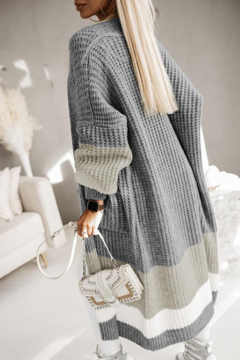 Colorblock Cable Knit Side Pockets Duster Cardigan - L & M Kee, LLC