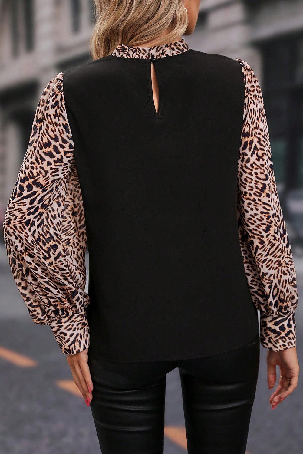 Black Contrast Leopard Print Lantern Sleeve Blouse - L & M Kee, LLC