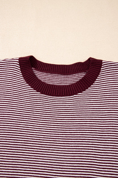 Red Stripe Color Block Patchwork Dolman Oversize Tunic Sweater