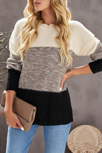 Gray Color Block Netted Texture Pullover Sweater - L & M Kee, LLC