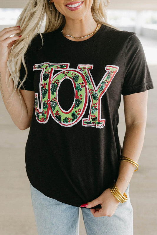 Black JOY Holly Printed Christmas Fashion Tee - L & M Kee, LLC