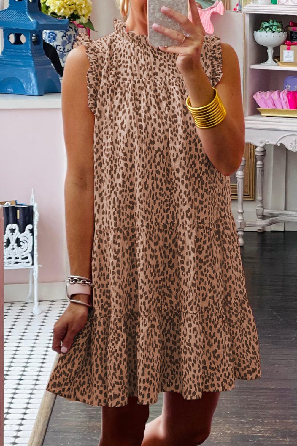 Pink Leopard Ruffled Tiered Sleeveless Mini Dress