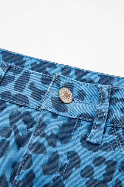 Sky Blue Leopard Denim Frayed Split Denim Midi Skirt