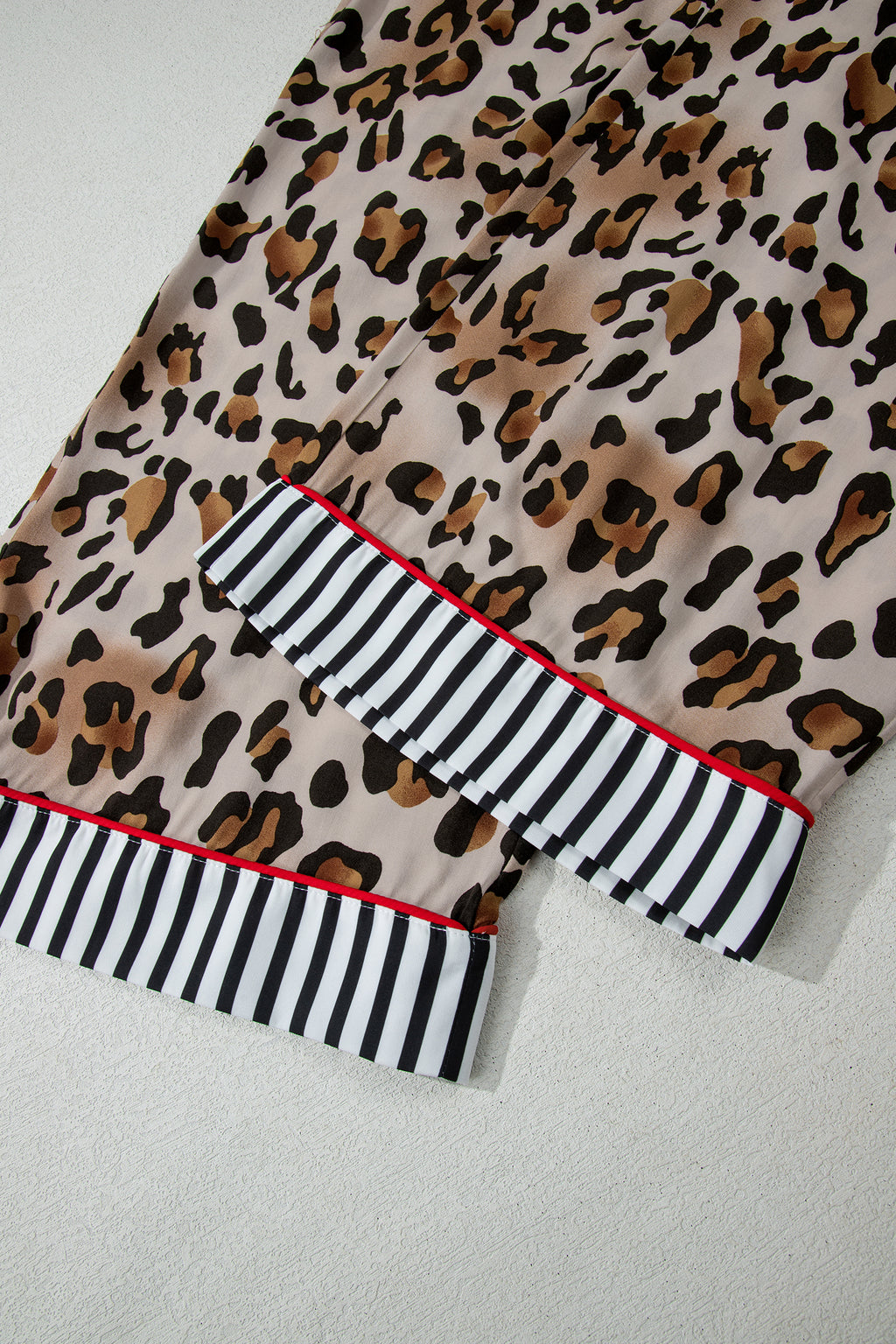 Khaki Plus Leopard Print Contrast Piping Striped Patchwork 2pcs Long Pajama Set