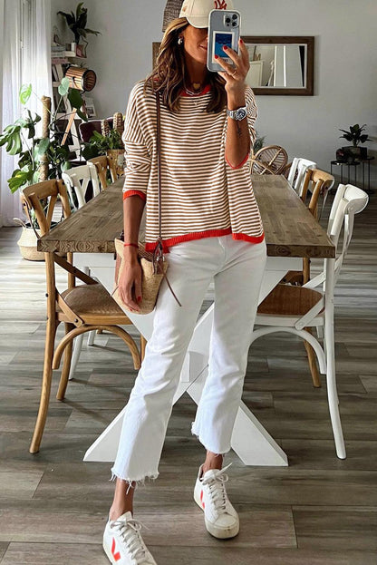 Brown Contrast Trimmed Striped Drop Shoulder Sweater - L & M Kee, LLC