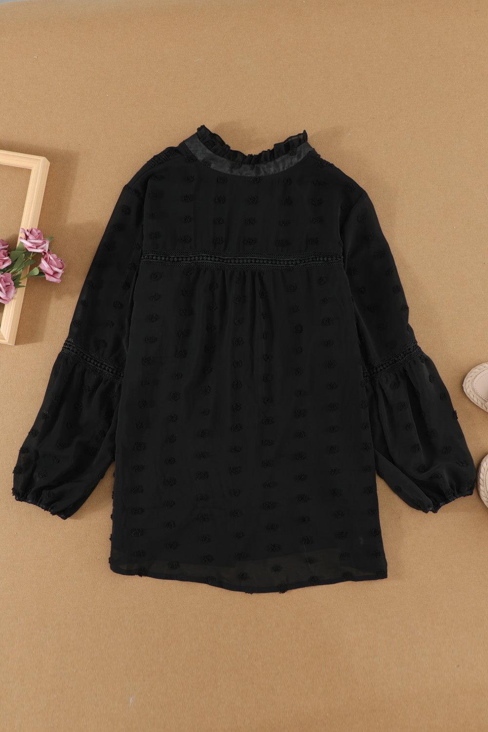 Blue Ruffled Split Neck Lace Hollow Out Puff Sleeve Polka Dot Blouse - L & M Kee, LLC