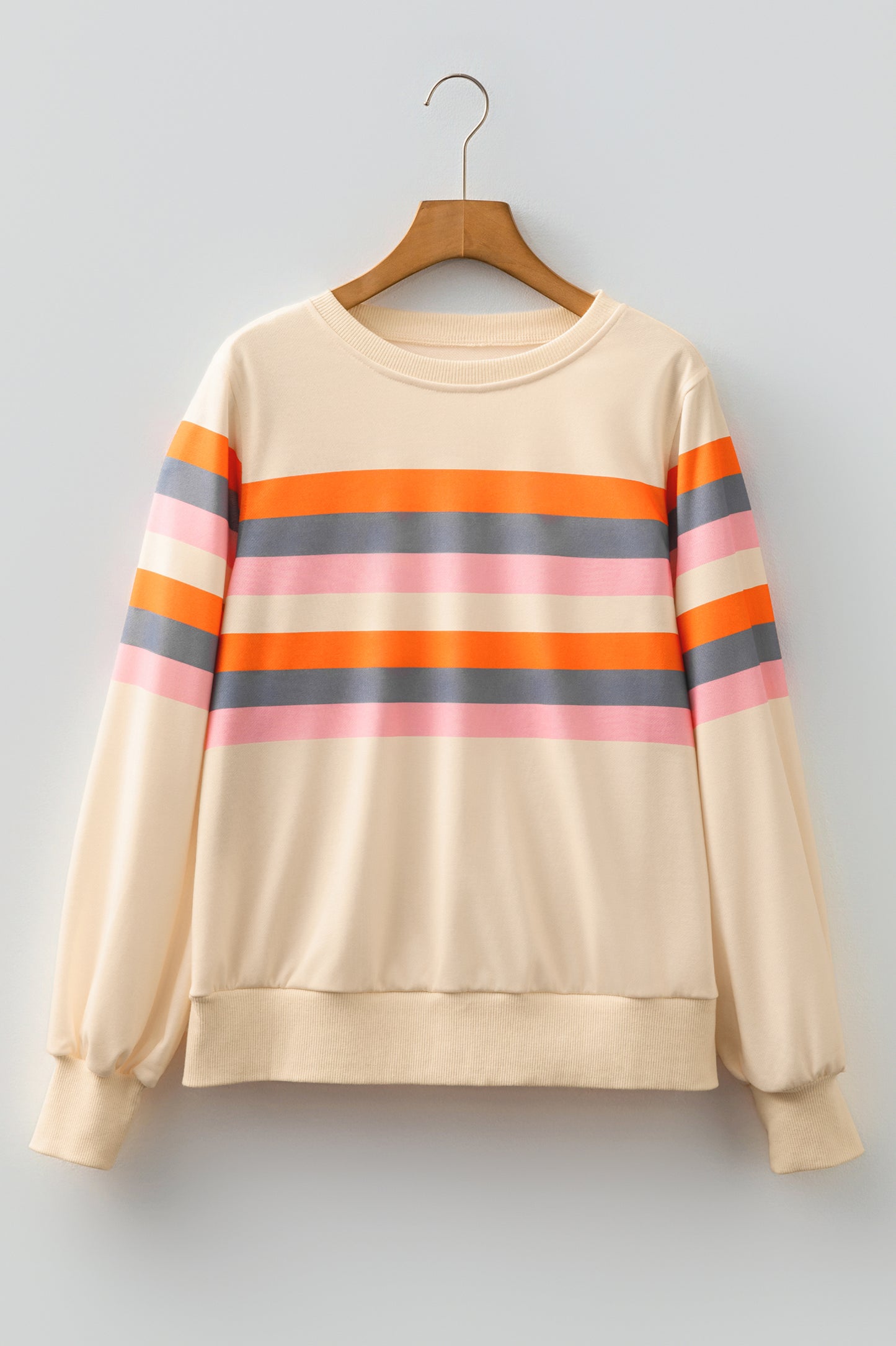 Beige Stripe Puff Sleeve Casual Pullover Sweatshirt