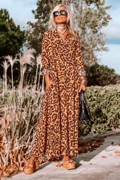 Leopard Button-Up Long Sleeve Maxi Dress - L & M Kee, LLC