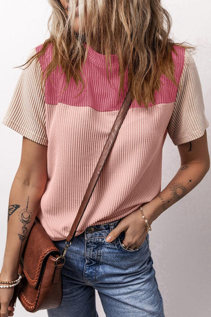 Pink Rib Textured Colorblock T Shirt - L & M Kee, LLC