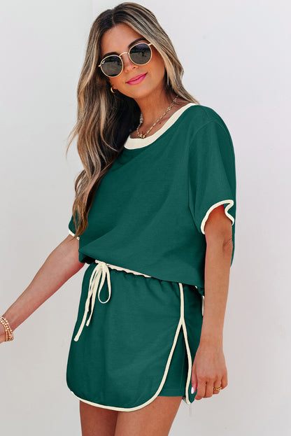 Evergreen Colorblock Edge Drop Shoulder T Shirt and Skort 2Pcs Set