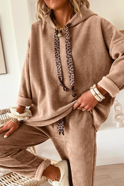 Rose Tan Lace Drawstring Pullover Hoodie and High Waist Pants Corduroy Suit