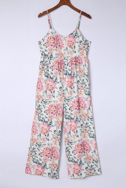 White Plus Size Floral Print Sleeveless Wide Leg Jumpsuit