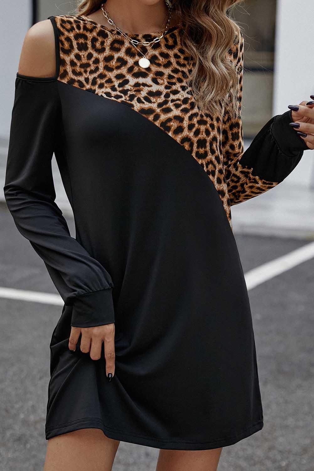 Black Asymmetric Cold Shoulder Leopard Colorblock Mini Dress - L & M Kee, LLC