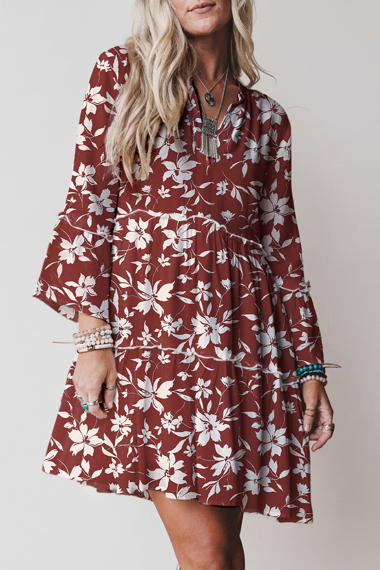 Red Boho Floral Print Lettuce Trim 3/4 Sleeve Mini Dress