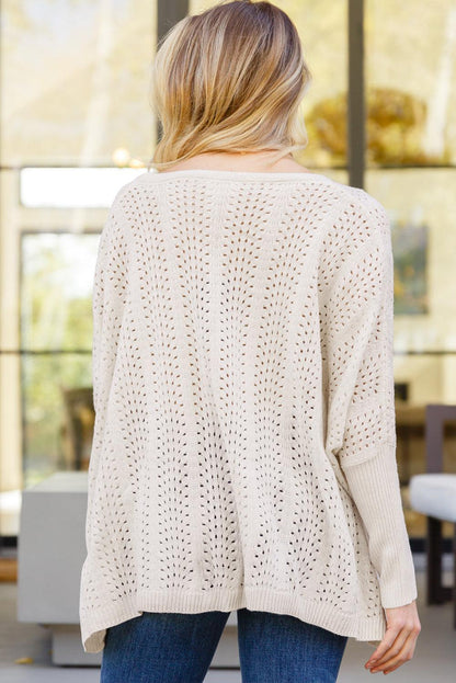 Beige Ribbed Hollow Knit Dolman Sleeve Sweater - L & M Kee, LLC