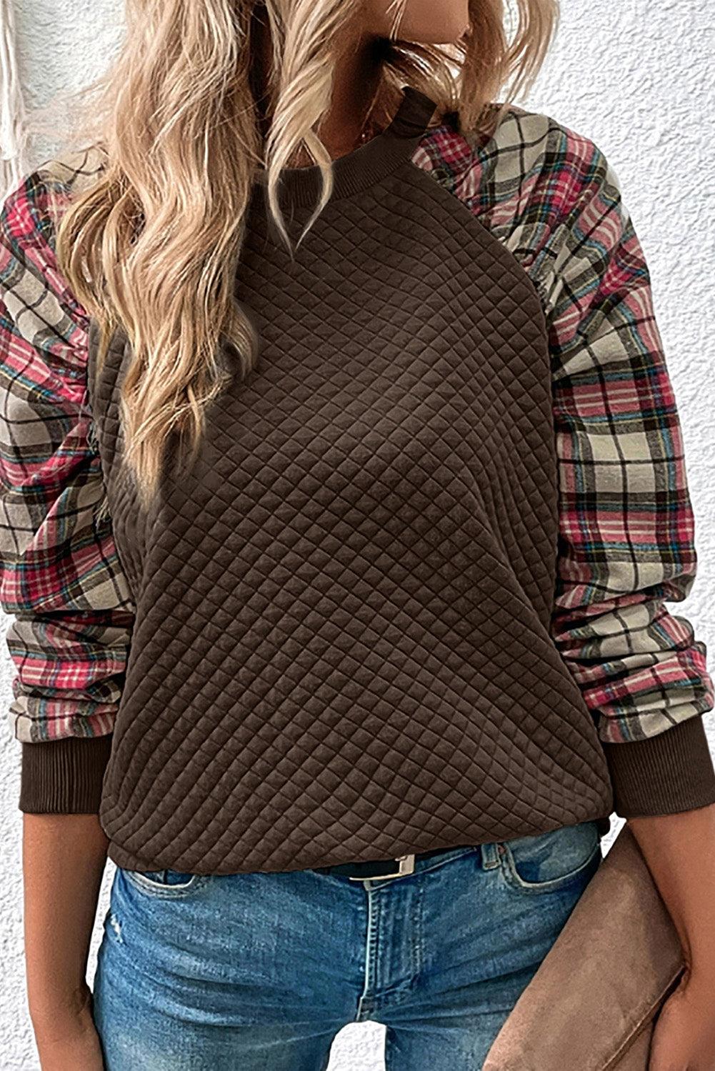 Apricot Plaid Raglan Sleeve Sweatshirt - L & M Kee, LLC