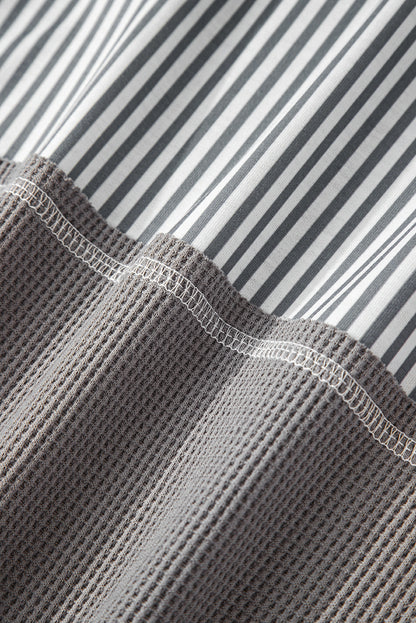 Gray Waffle Printed Patchwork Drawstring Hooded Long Sleeve Top