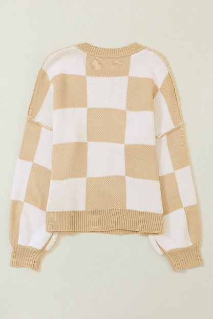 Pink Checkered Bishop Sleeve Sweater - L & M Kee, LLC