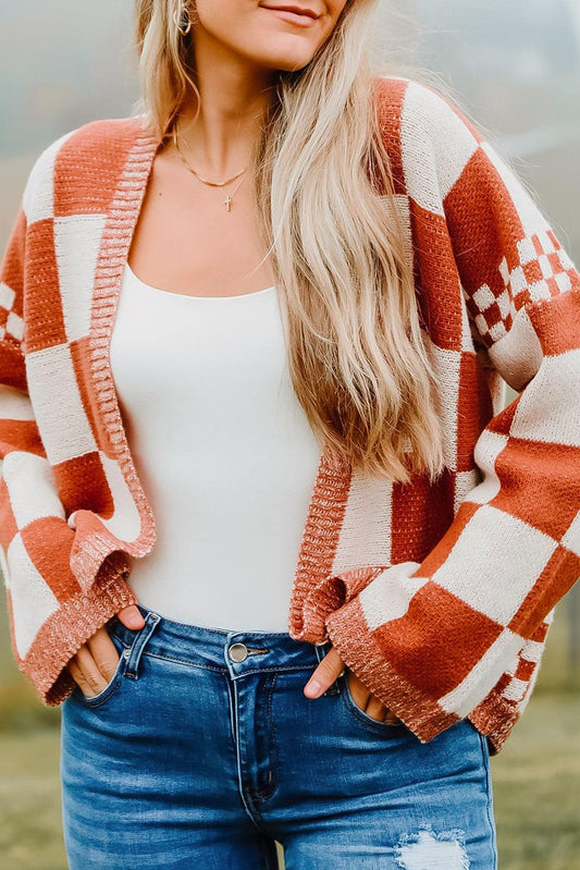 Chestnut Mix Checkered Open Front Knit Cardigan - L & M Kee, LLC