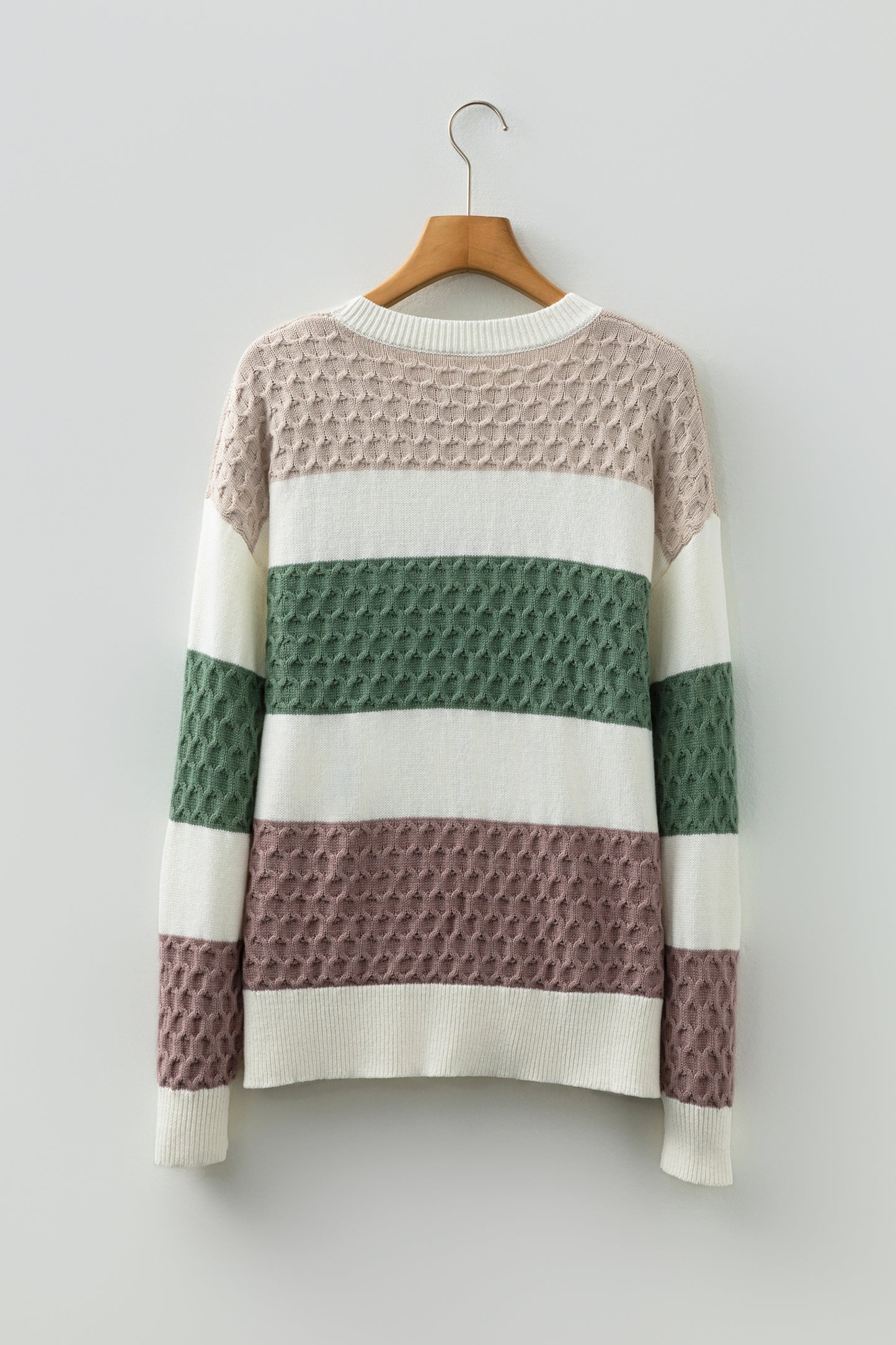 Green Mixed Texture Knit Striped Color Block Loose Sweater