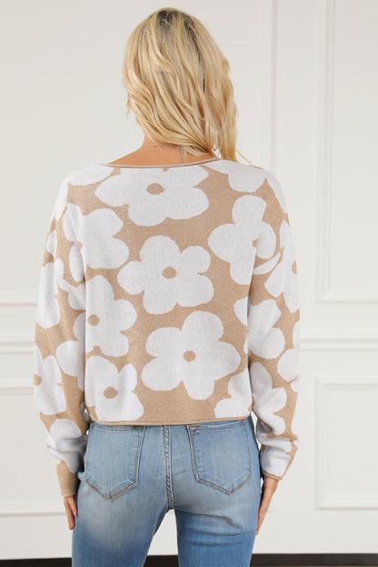 Light French Beige Flower Pattern Cropped Sweater - L & M Kee, LLC