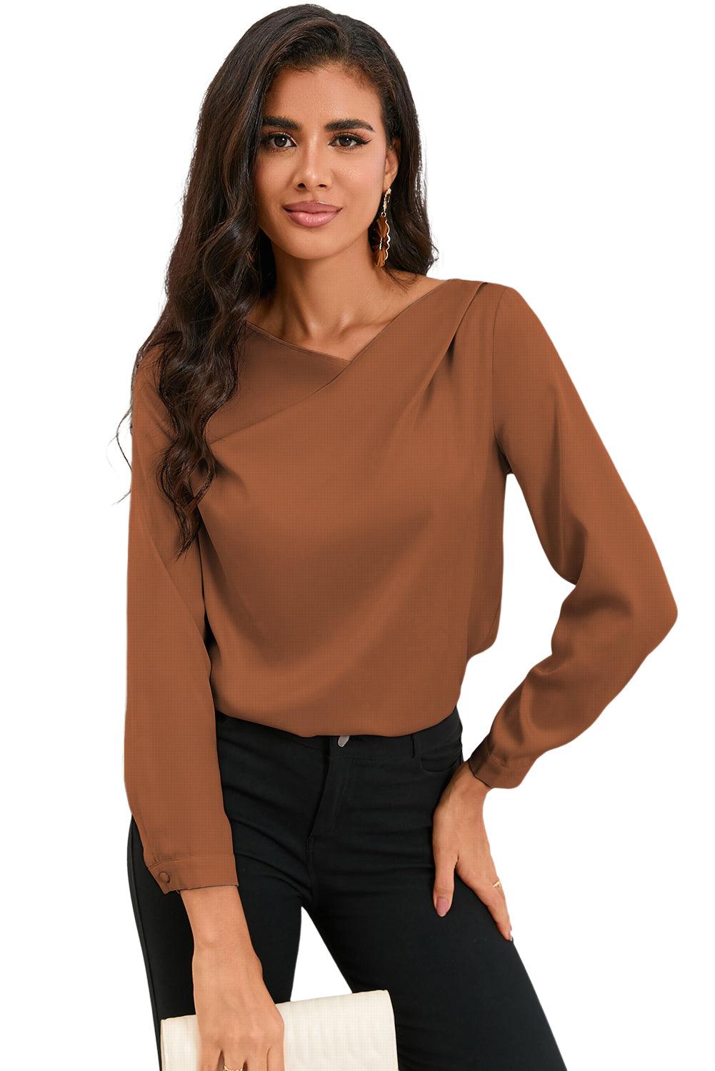 Solid Asymmetric V Neck Long Sleeve Satin Blouse - L & M Kee, LLC