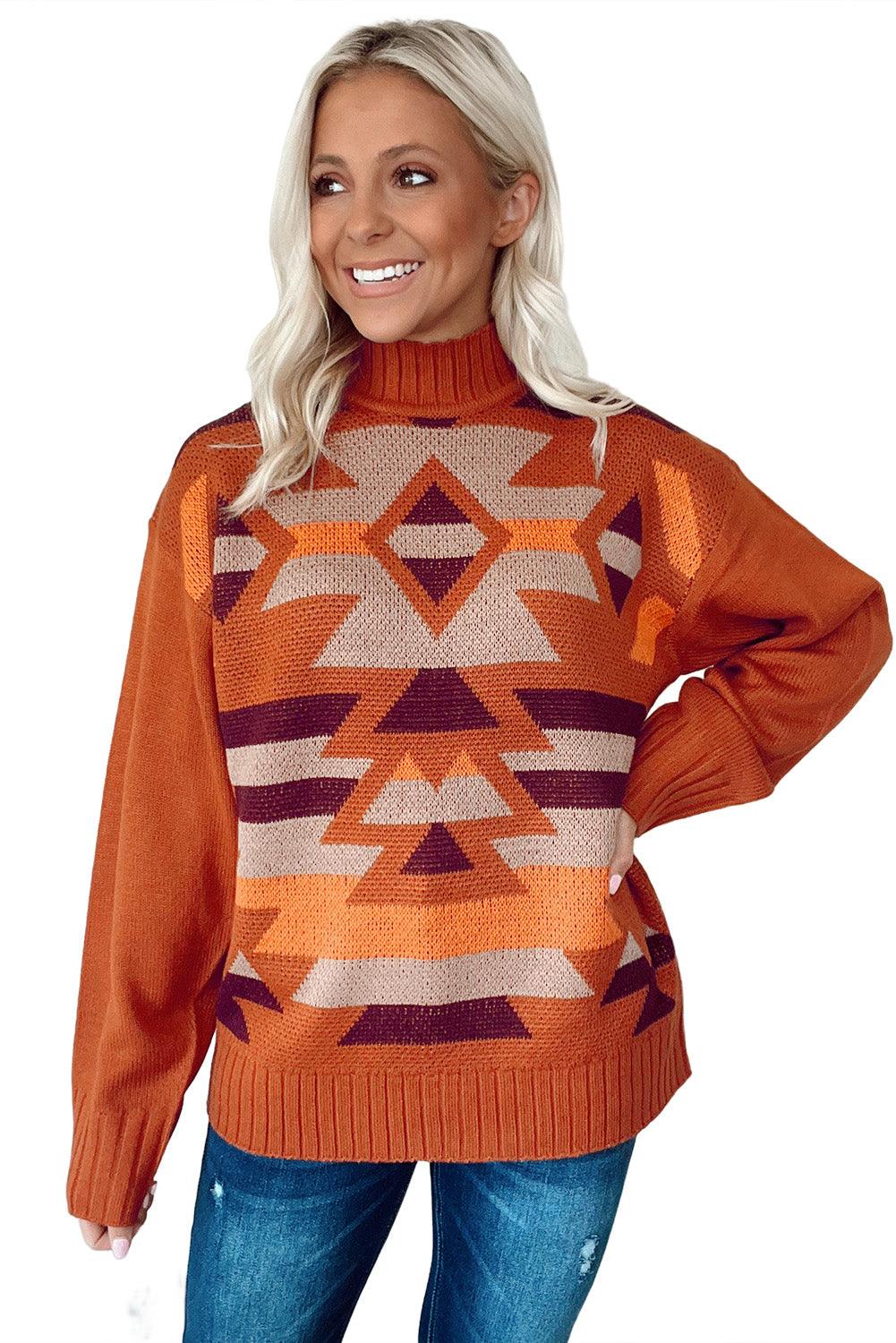 Brown Aztec Knitted High Neck Drop Shoulder Sweater - L & M Kee, LLC