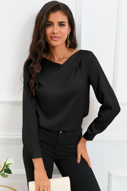 Solid Asymmetric V Neck Long Sleeve Satin Blouse - L & M Kee, LLC