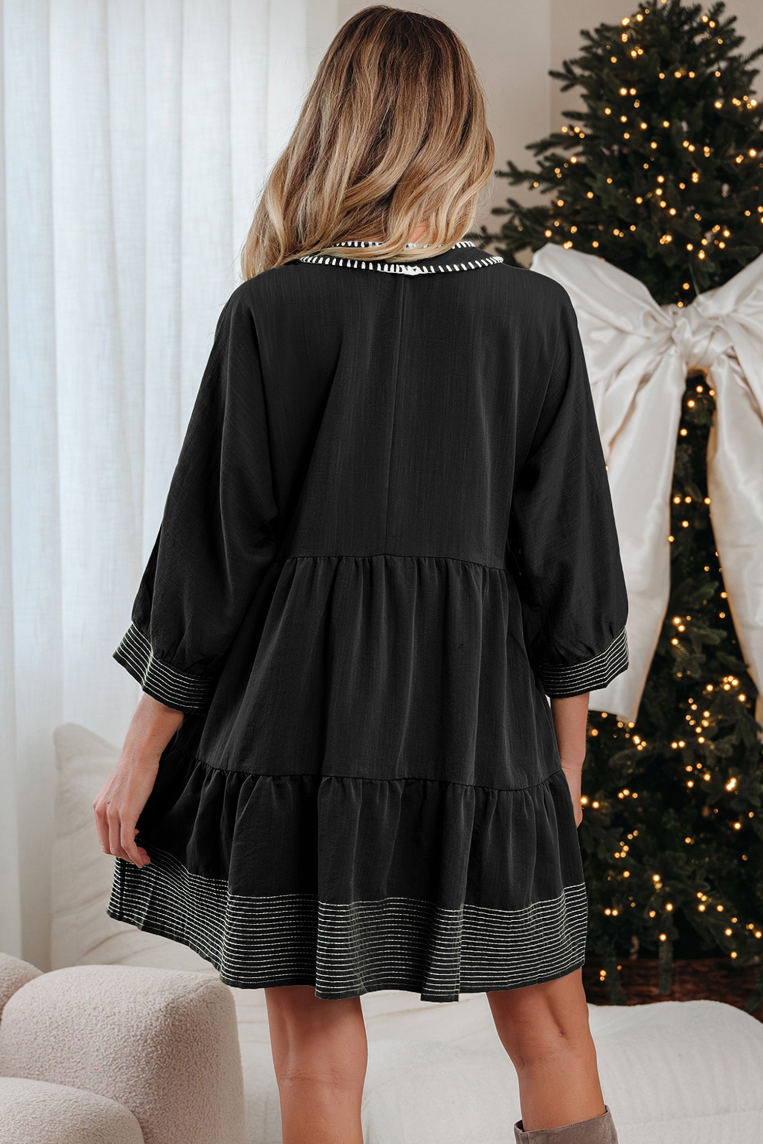 Black Contrast Stitched V Neck 3/4 Sleeve Tiered Mini Dress