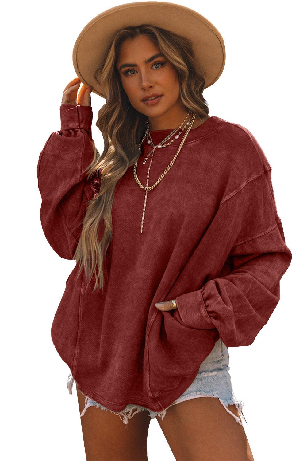 Red Exposed Seam Twist Open Back Oversized Sweatshirt - L & M Kee, LLC