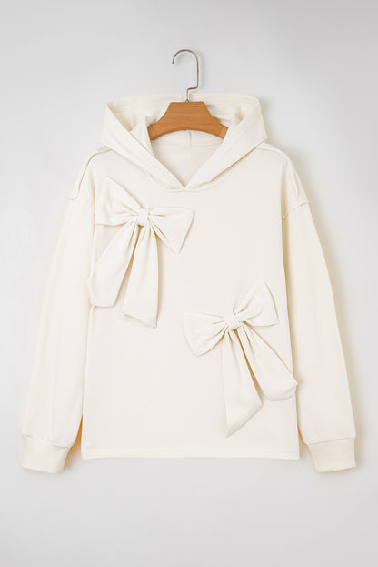 White Solid Color Cute Bow Detail Loose Hoodie
