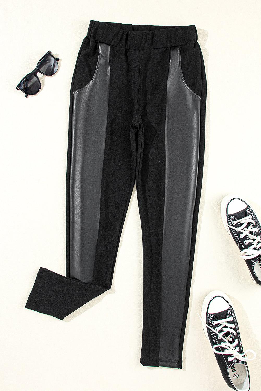 Black Leather Panel Patchwork High Waist Leggings - L & M Kee, LLC