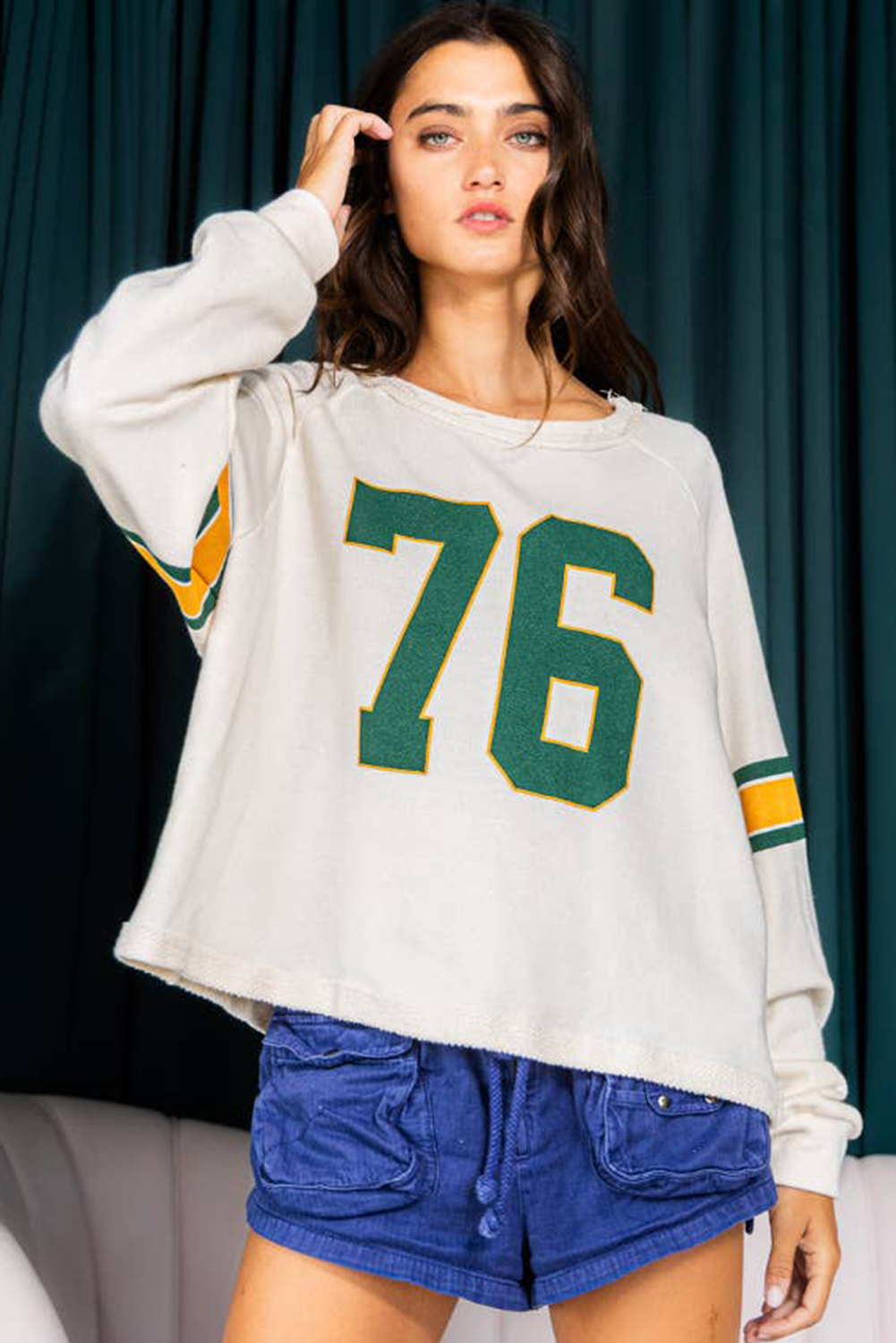 White Number 76 Printed Retro Sporty Long Sleeve Top