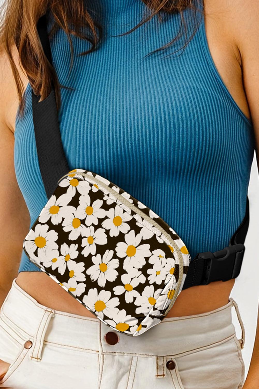 Black Daisy Printed Buckle Strap Crossbody Bag - L & M Kee, LLC