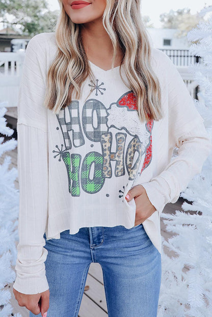 White HOHOHO Christmas Graphic Wide Rib Long Sleeve Top - L & M Kee, LLC