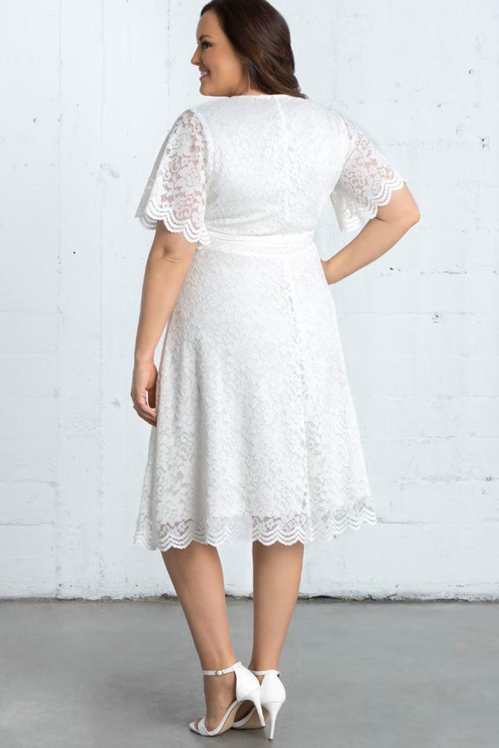 Scalloped Lace Wrap V Neck Plus Size Dress - L & M Kee, LLC