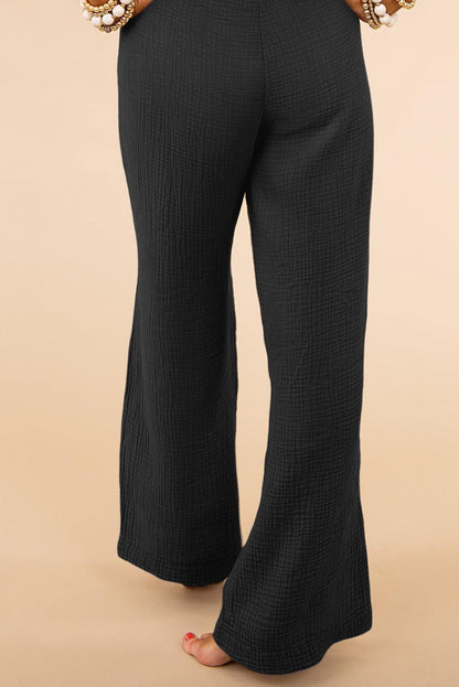 Black Textured High Waist Wide Leg Plus Size Pants - L & M Kee, LLC